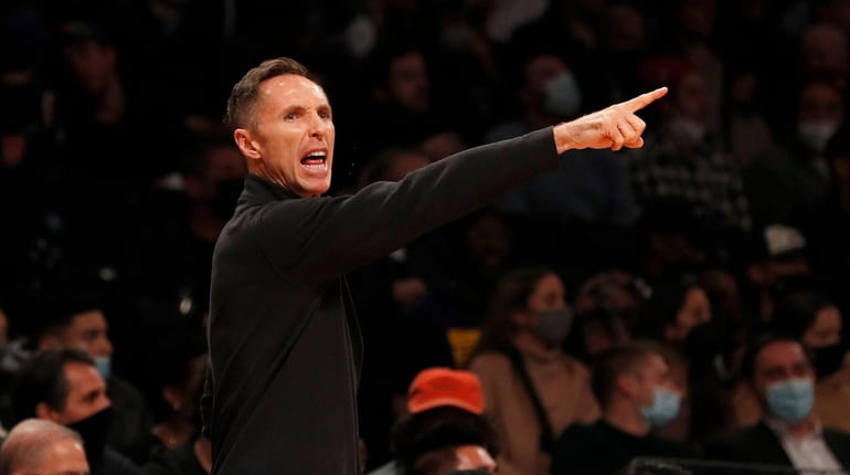 Head coach Steve Nash of the Nets reacts during the...