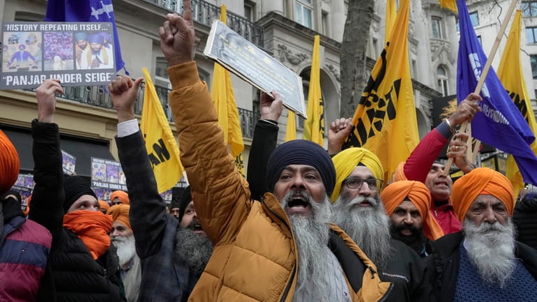 Sikh protesters demonstrate outside of the Indian High Commission in...