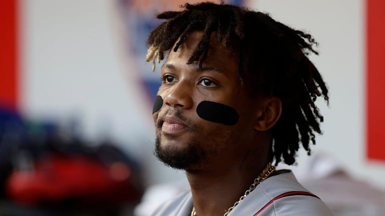 Ronald Acuna Jr. of Atlanta looks on before a game against...