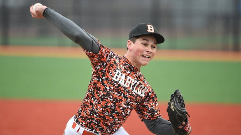 Babylon starting pitcher Shawn Flynn delivers against Center Moriches during...