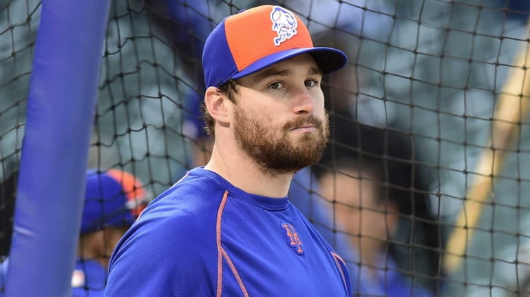 New York Mets second baseman Daniel Murphy looks on during...