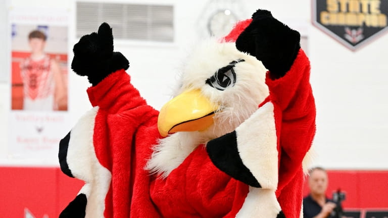The Connetquot Thunderbird mascot at a Suffolk boys volleyball match...