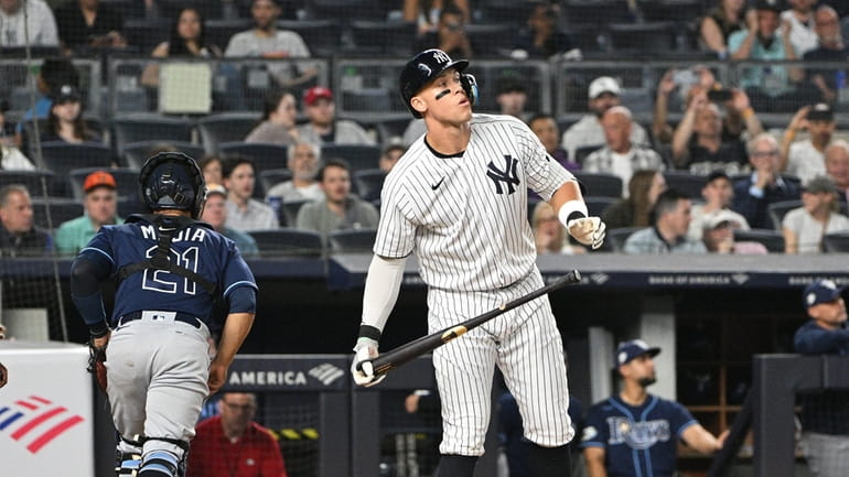 New York Yankees' Aaron Judge strikes out to end the...