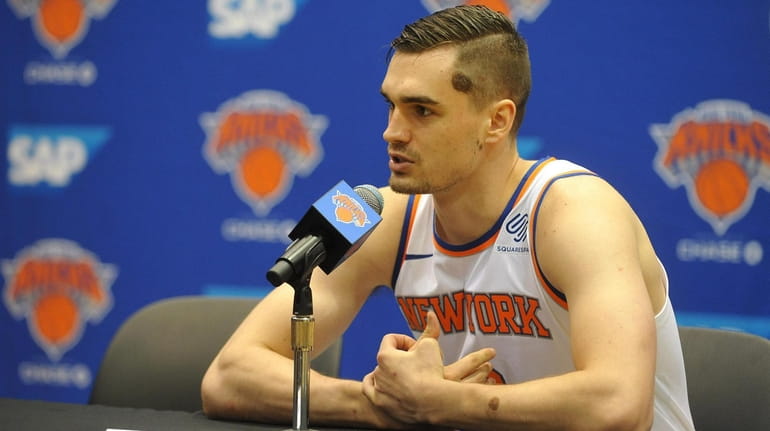 Mario Hezonja of the New York Knicks fields questions during...