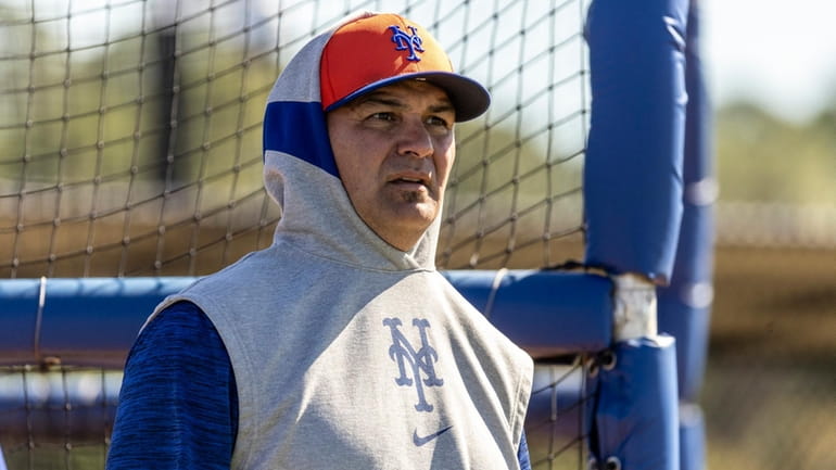 New York Mets infielders hitting coach Eric Chavez during a...