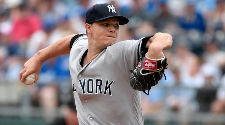 The Yankees' Sonny Gray pitches in the first inning against...