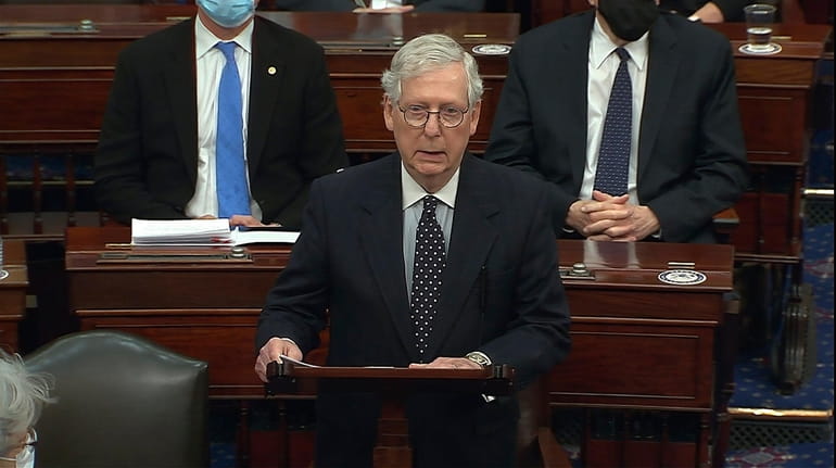 Senate Majority Leader Mitch McConnell of Ky., speaks as the...