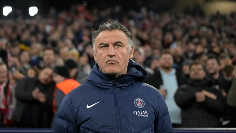 PSG's head coach Christophe Galtier stands prior to the start...