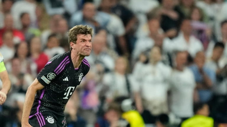 Bayern's Thomas Mueller reacts during the Champions League semifinal second...