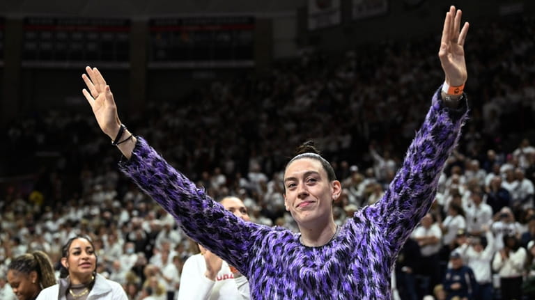 Former UConn player and WNBA player Breanna Stewart acknowledges the...