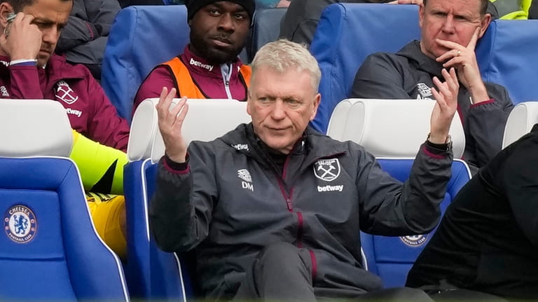 West Ham's manager David Moyes reacts during the English Premier...