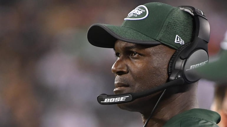 New York Jets head coach Todd Bowles looks on from...