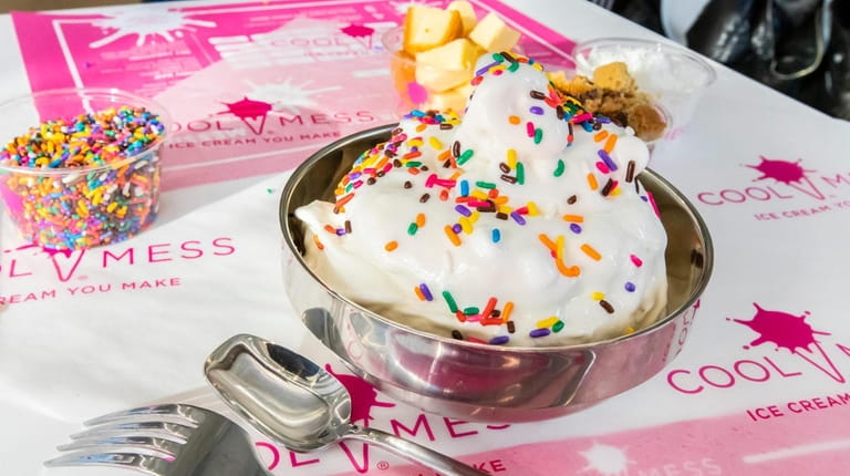 Marshmallow vanilla ice cream with rainbow sprinkles at CoolMess in...