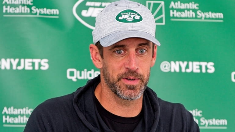 Jets QB Aaron Rodgers during training camp at the Atlantic Health...