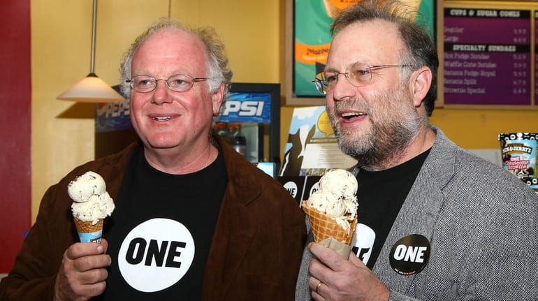 Ben Cohen, left, and Jerry Greenfield, seen here on April 7,...