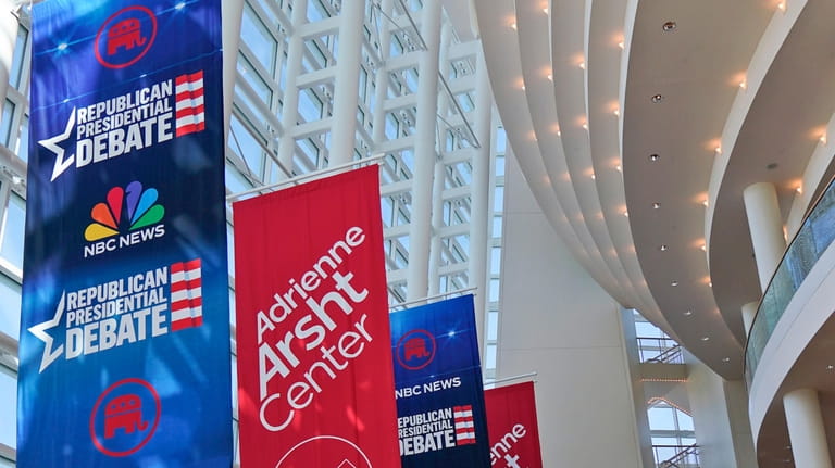 Banners are shown hanging in the lobby, Tuesday, Nov. 7,...