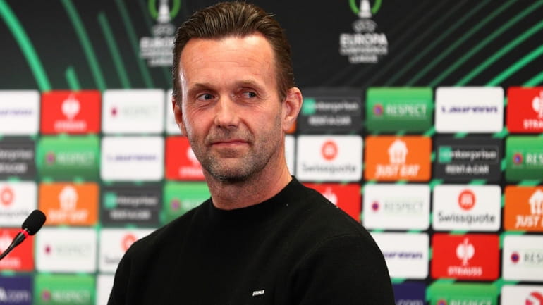 Club Brugge coach Ronny Deila attends a press conference in...