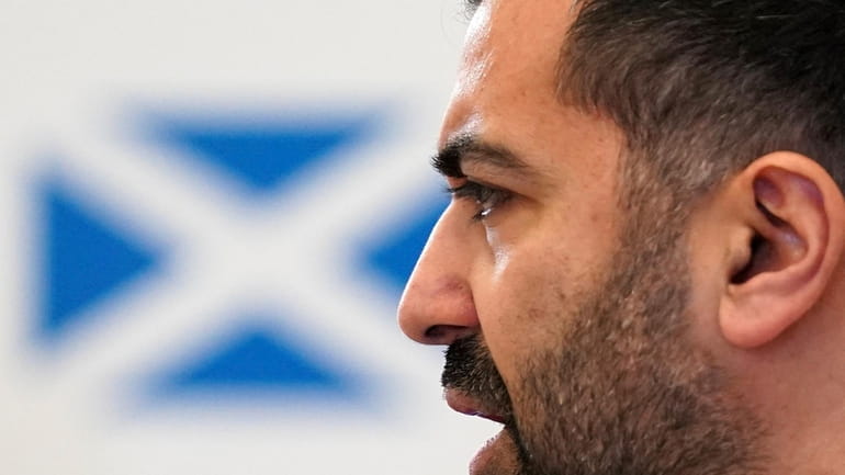 Scotland's First Minister Humza Yousaf delivers a speech on the...