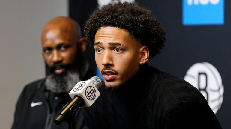 Jalen Wilson speaks at the Nets training facility on June 23.