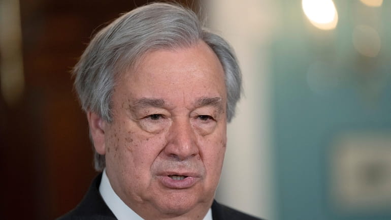 United Nations Secretary-General Antonio Guterres speaks to reporters in the...