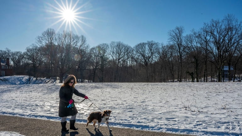A woman walks her dog on the grounds of Sagamore...