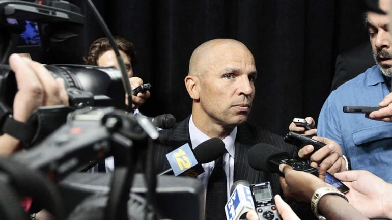 Nets head coach Jason Kidd speaks with reporters after a...