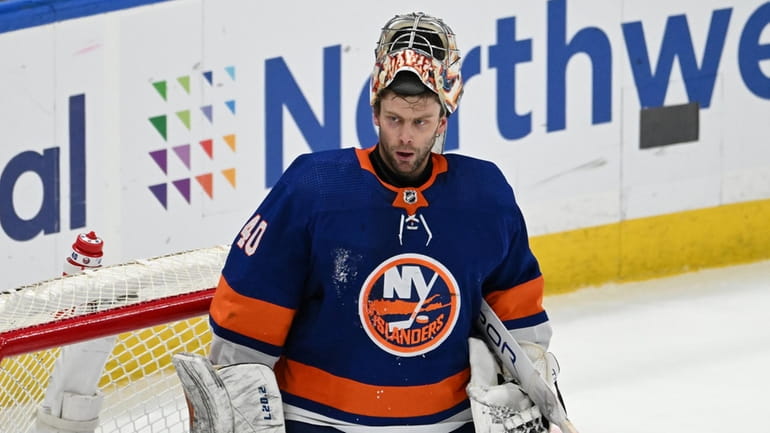 New York Islanders goaltender Semyon Varlamov looks on against the...