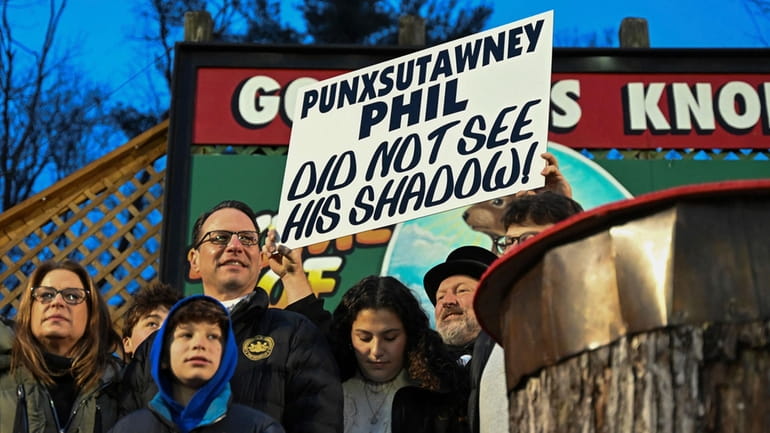 Pennsylvania Gov. Josh Shapiro watches Punxsutawney Phil, the weather prognosticating...