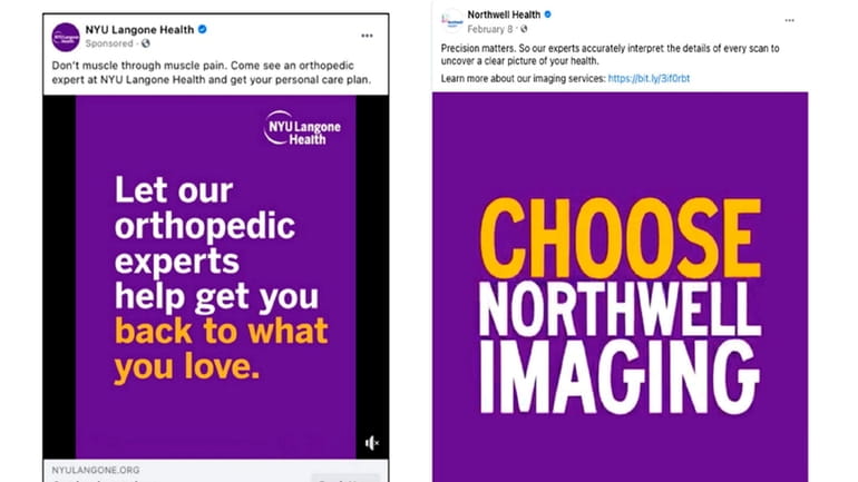 A side-by-side comparison of ads from NYU Langone and Northwell...