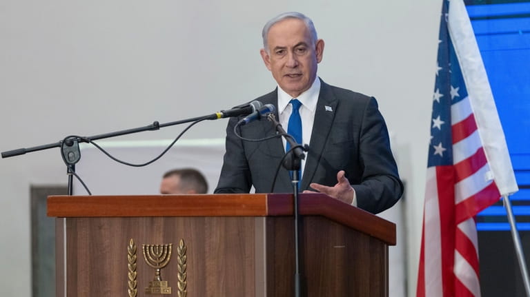 Prime Minister Benjamin Netanyahu speaks during a gathering of Jewish...