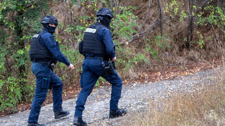 Kosovo police officers patrol an area near Banjska Monastery during...