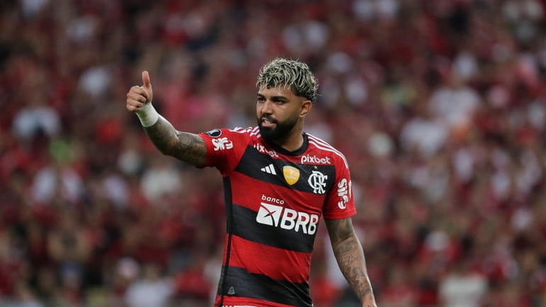 Gabriel Barbosa of Brazil's Flamengo reacts during a Copa Libertadores...