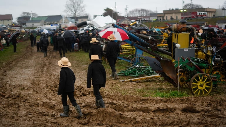 People walk in mud during an auction at the 56th...