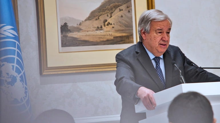 United Nations Secretary-General Antonio Guterres speaks to journalists at a...