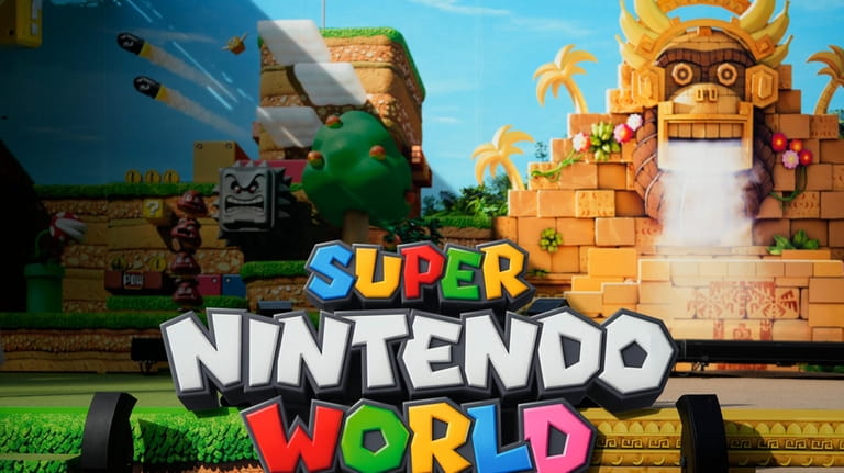 This photo shows a logo of the Super Nintendo World...