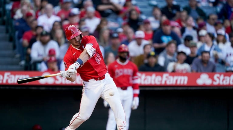 Los Angeles Angels' Mike Trout grounds out to Philadelphia Phillies...
