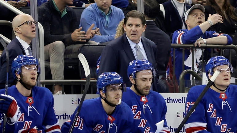 Head coach Peter Laviolette of the New York Rangers during...