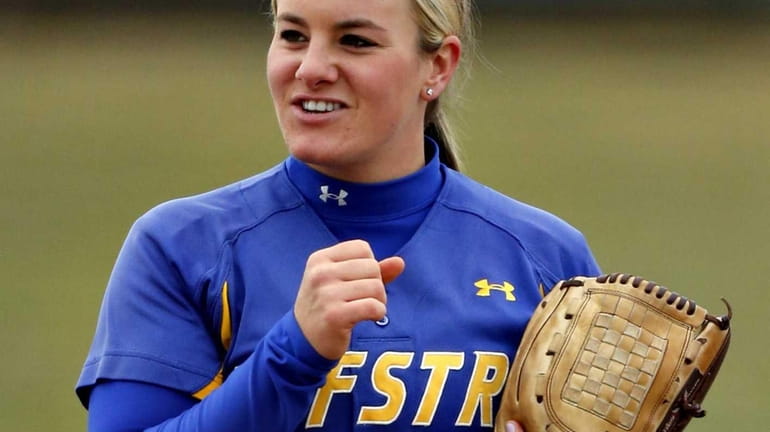 Hofstra starting pitcher Olivia Galati relaxes between pitches during warmups...