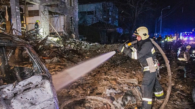 In this photo provided by the Ukrainian Emergency Service, a...