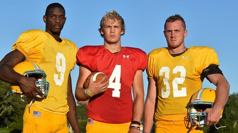 LIU teammates (from left) wide receiver Derick Eugene, quarterback Clay Beathard...