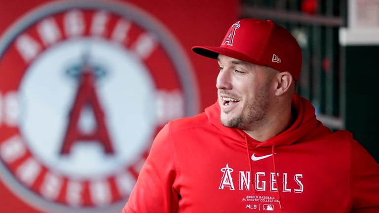Los Angeles Angels center fielder Mike Trout stands in the...