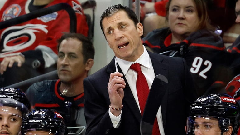 Hurricanes head coach Rod Brind'Amour talks with an official during...