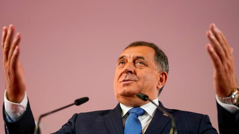 Bosnian Serb leader Milorad Dodik speaks during a news conference...