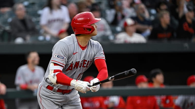 Los Angeles Angels' Shohei Ohtani flies out to Baltimore Orioles...