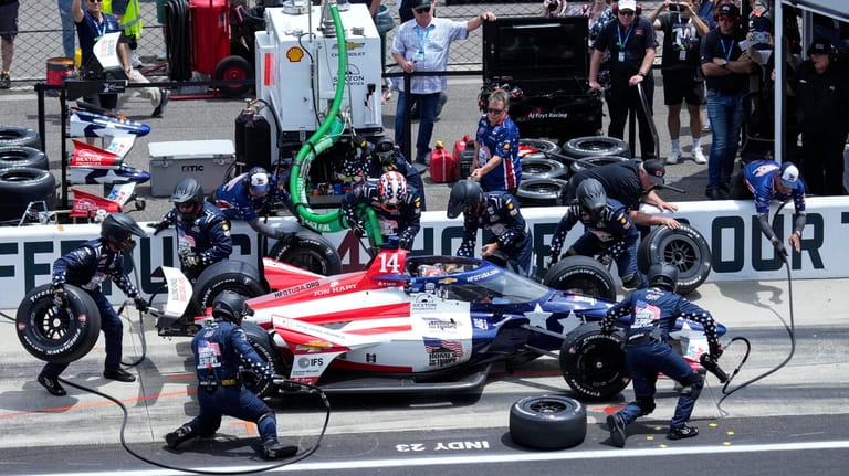 Santino Ferrucci makes a pit stop during the Indianapolis 500...