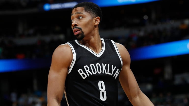 Brooklyn Nets guard Spencer Dinwiddie looks for a call after...
