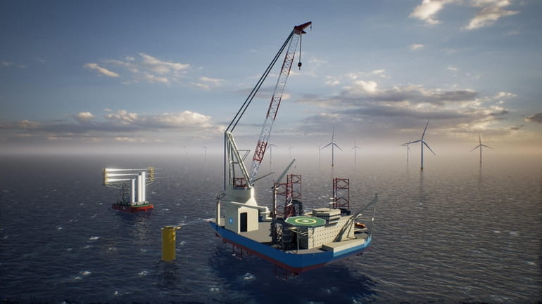 An illustration of a wind turbine installation vessel. Offshore wind companies...