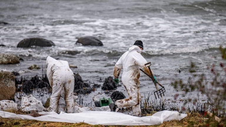Personnel from the Coast Guard work on cleanup after the...