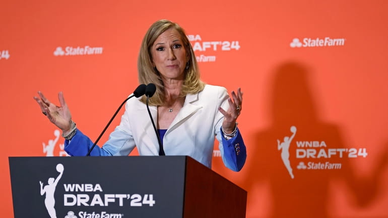 WNBA Commissioner Cathy Engelbert speaks before the WNBA basketball draft...