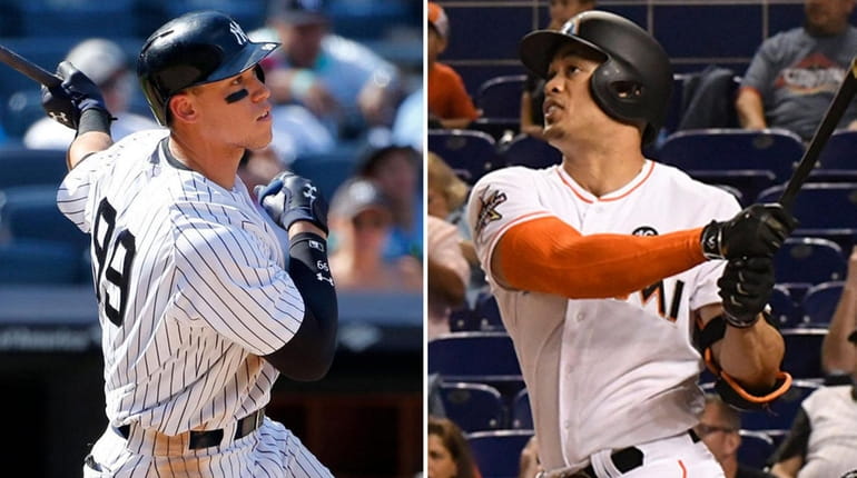 This composite image shows Yankees rightfielder Aaron Judge, left, and...
